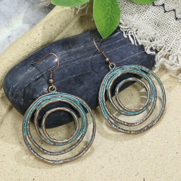 Boho Layered Circle Dangle Drop Earrings Vintage Petinaed Copper/Bronze Handmade - Picture 14 of 14